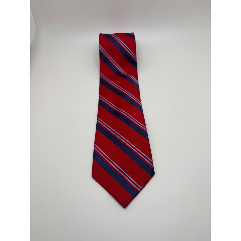 Tommy Hilfiger Mens Necktie Red Navy Blue Light Blue Striped Silk Blend Tie